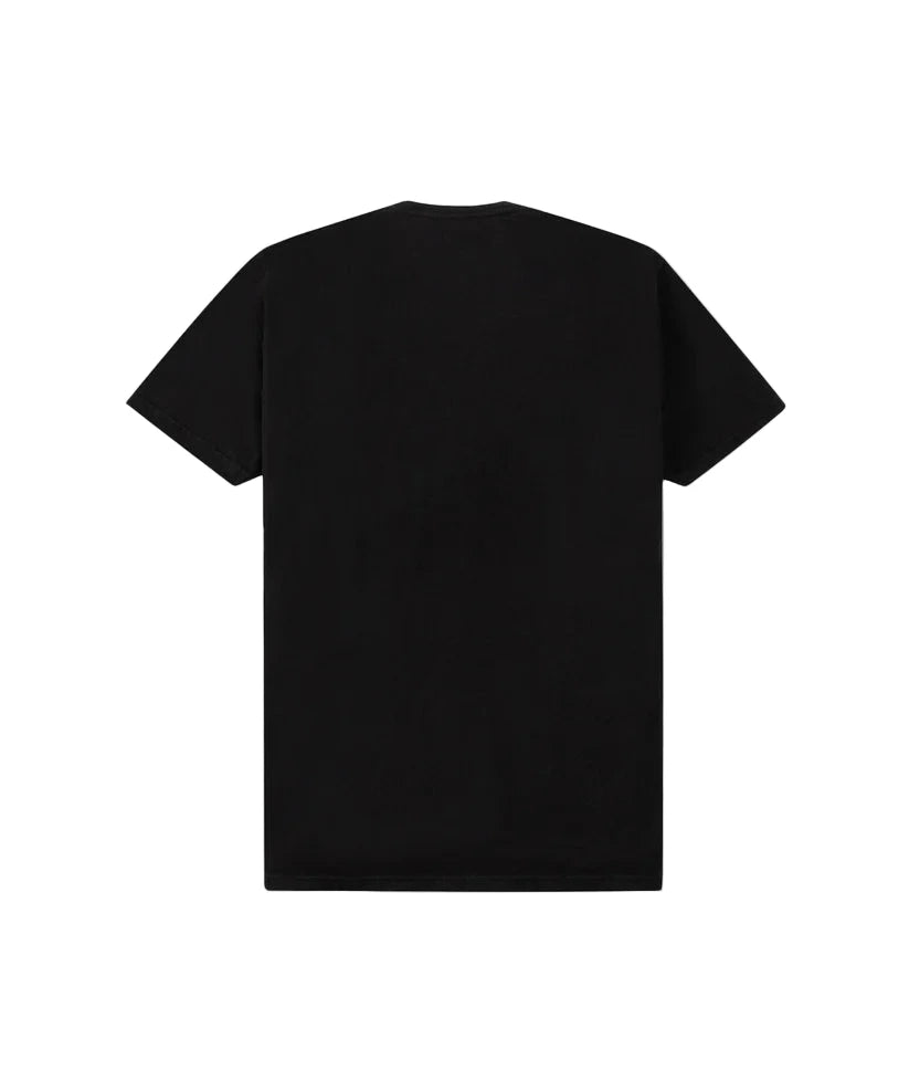 Paper Plan Pursuit Tee in black with ribbed neck, screenprint and HD graphic on front, crafted from 180 GSM cotton jersey.