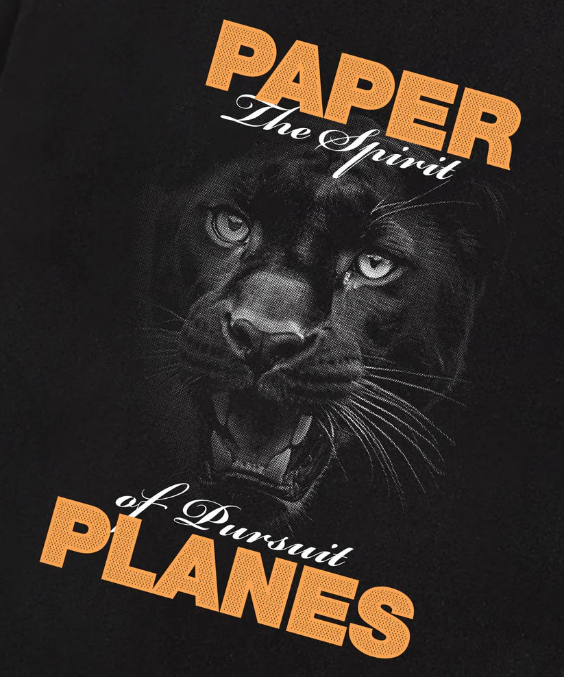 Paper Plan Pursuit Tee in black with ribbed neck, screenprint and HD graphic on front, crafted from 180 GSM cotton jersey.