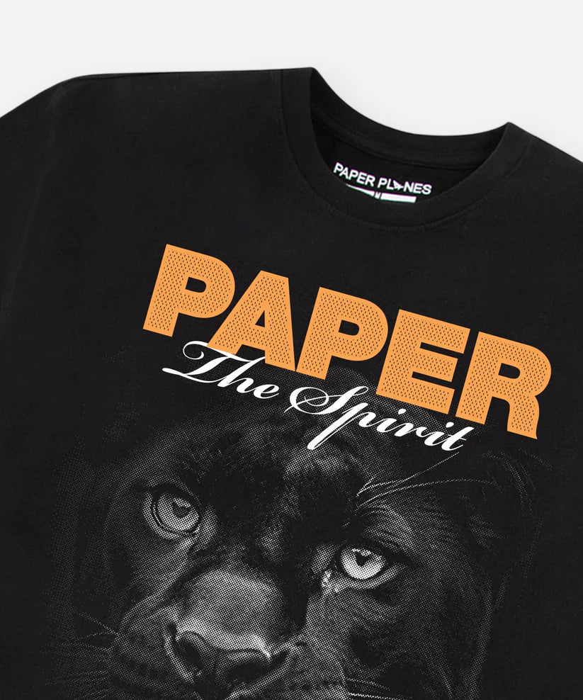 Paper Plan Pursuit Tee in black with ribbed neck, screenprint and HD graphic on front, crafted from 180 GSM cotton jersey.