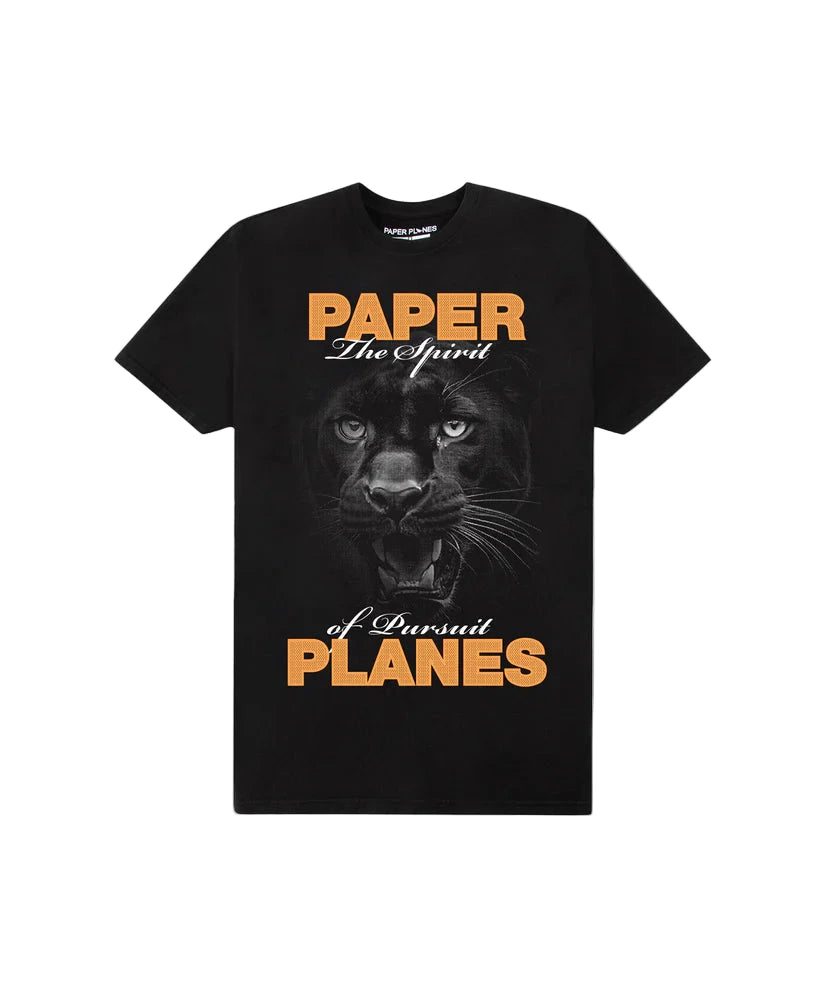 Paper Plan Pursuit Tee in black with ribbed neck, screenprint and HD graphic on front, crafted from 180 GSM cotton jersey.