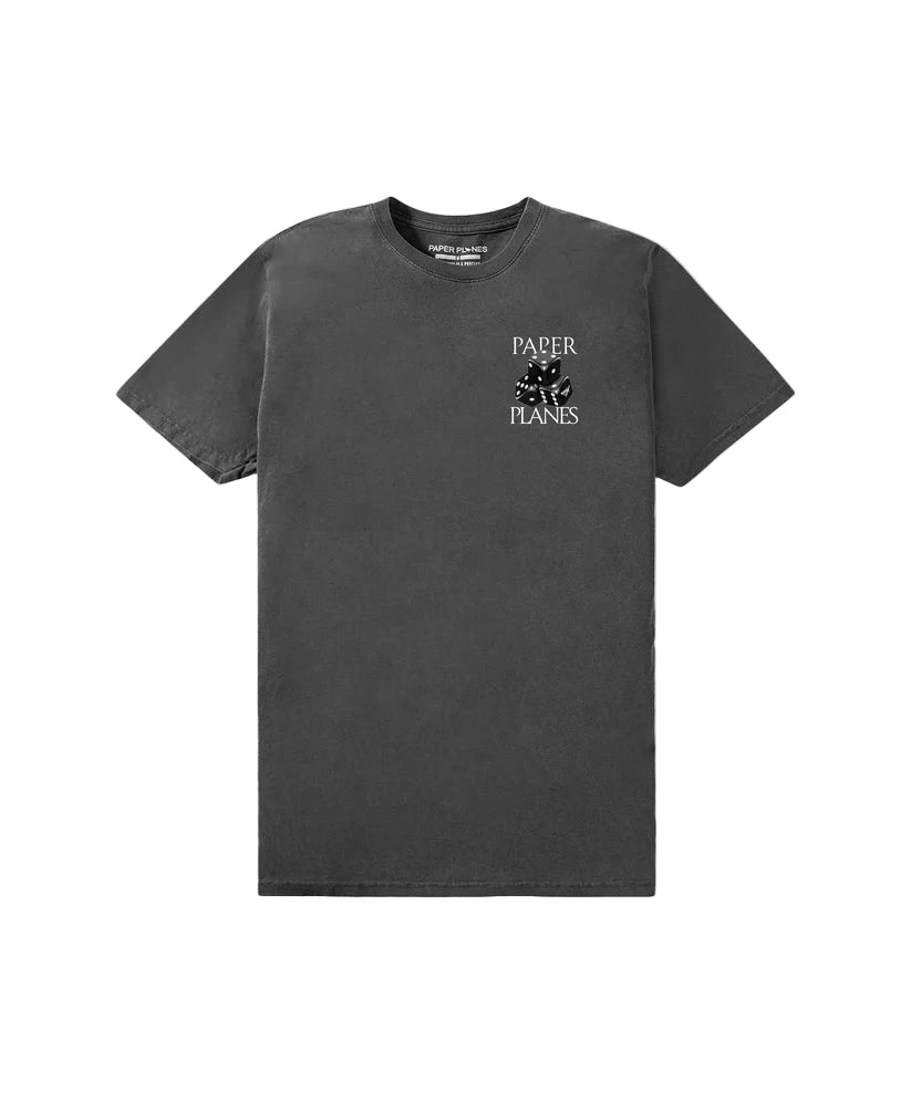 White Paper Planes On A Roll Tee with ribbed neck and front screen-printed graphic.