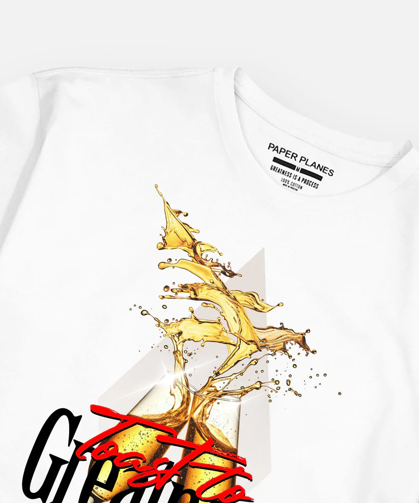 Paper Plane Toast to Greatness T-shirt in white with front screenprint graphic and ribbed crew neckline.