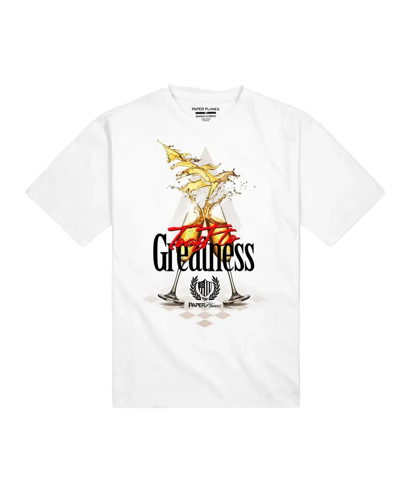 Paper Plane Toast to Greatness T-shirt in white with front screenprint graphic and ribbed crew neckline.