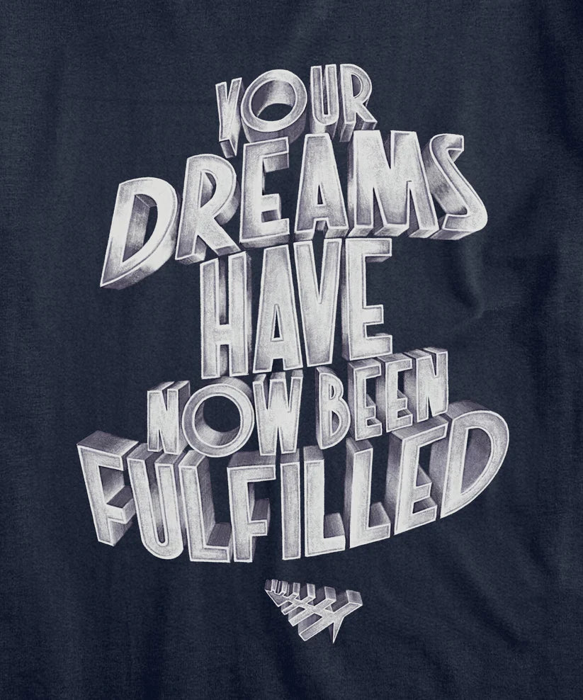 Paper Plane Planes Fulfilled Dreams t-shirt in ocean blue with front screenprint graphic.
