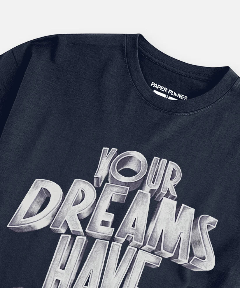 Paper Plane Planes Fulfilled Dreams t-shirt in ocean blue with front screenprint graphic.