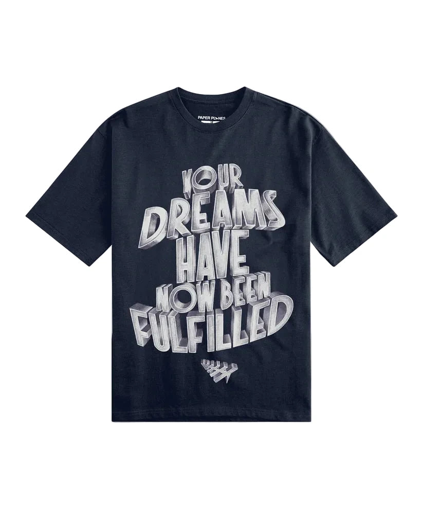 Paper Plane Planes Fulfilled Dreams t-shirt in ocean blue with front screenprint graphic.