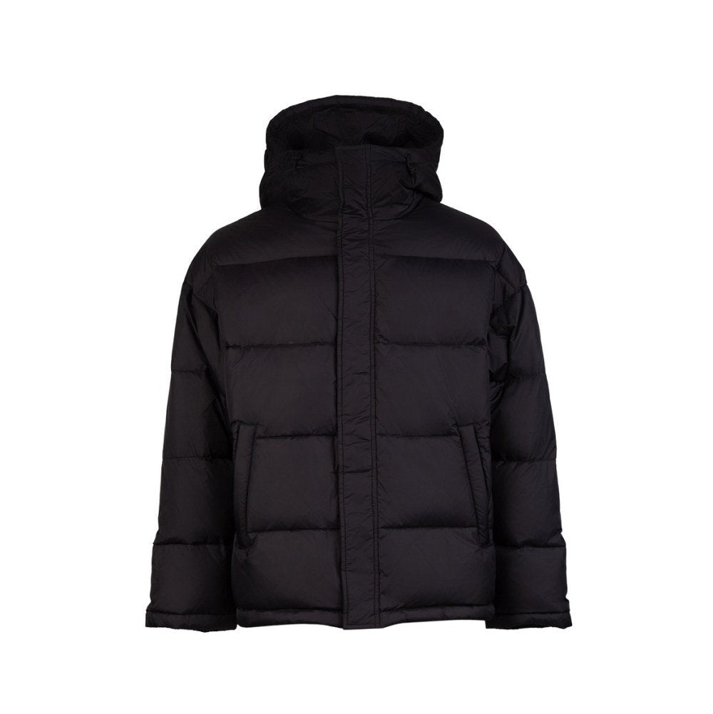 A black puffer jacket with embroidered back logo, displayed on a white background.