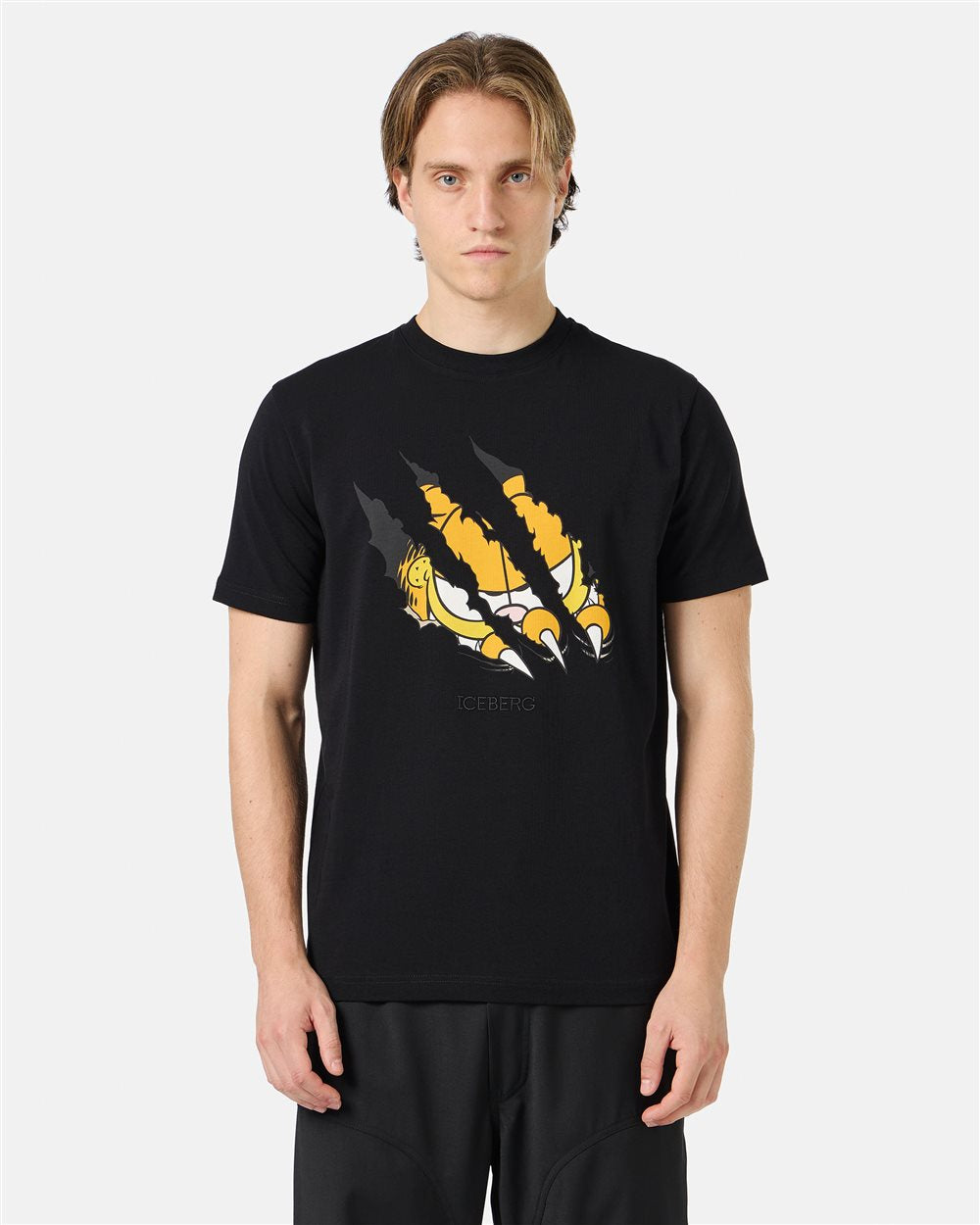 Black cotton jersey T-shirt with Garfield print and embroidered Iceberg logo (Black)
