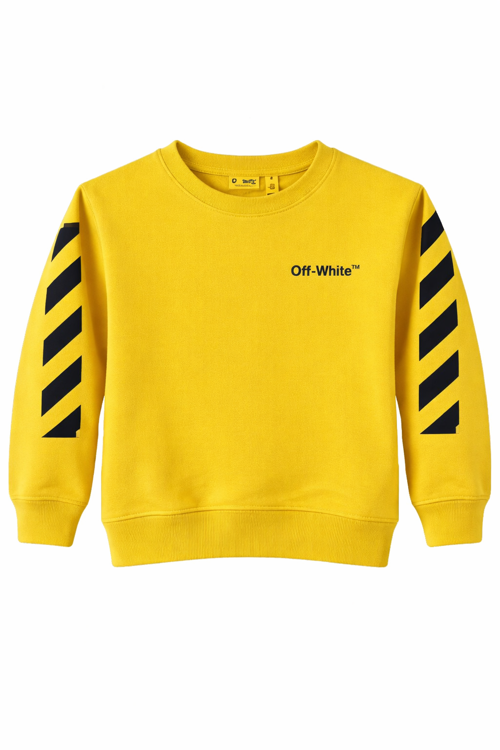 Yellow crew neck sweatshirt with signature logo on the front, displayed on a clean background.