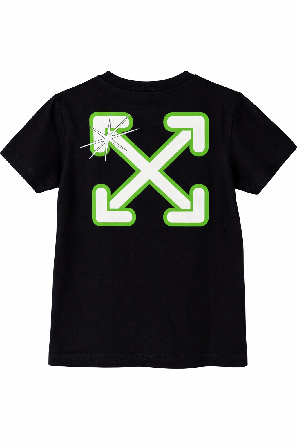 Black basic fit t-shirt with glow-in-the-dark arrow graphic print on the back.