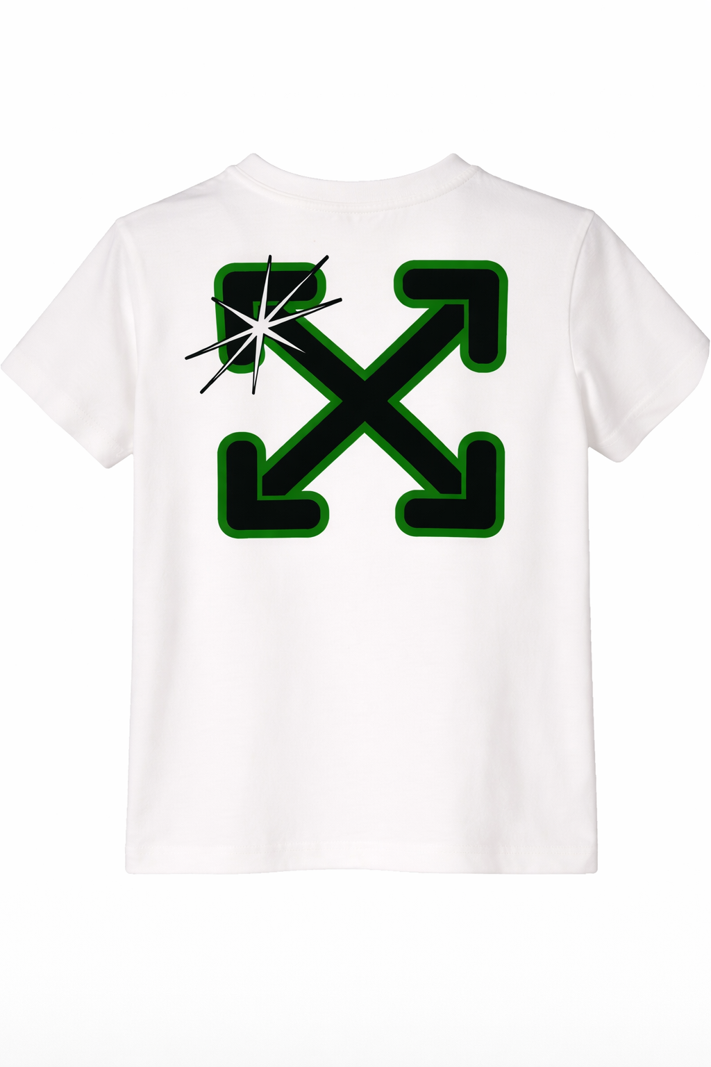 White basic fit t-shirt with glow-in-the-dark arrow graphic print on the back.