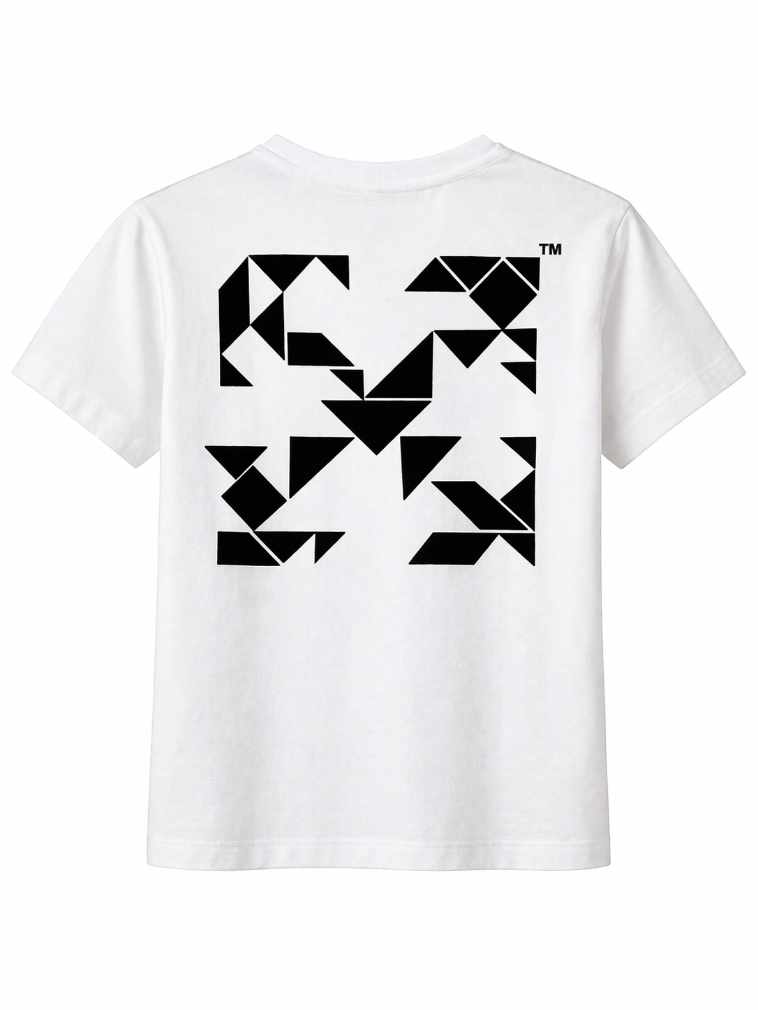 White basic fit t-shirt with tangram-style arrow graphic print on the back.