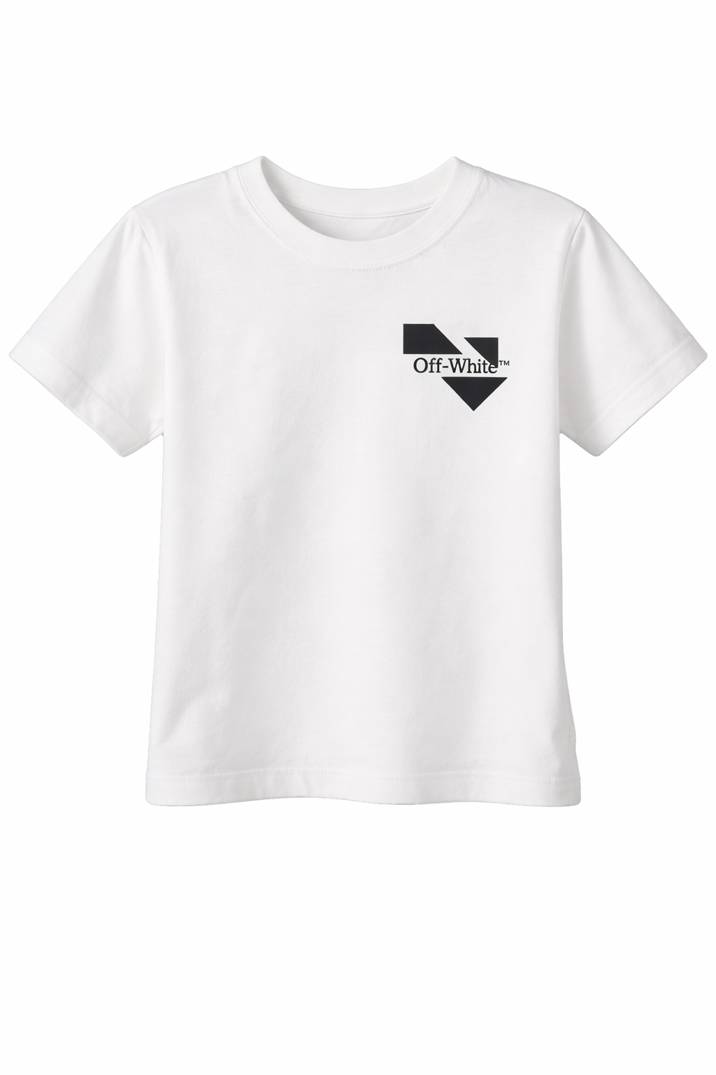 White basic fit t-shirt with tangram-style arrow graphic print on the back.
