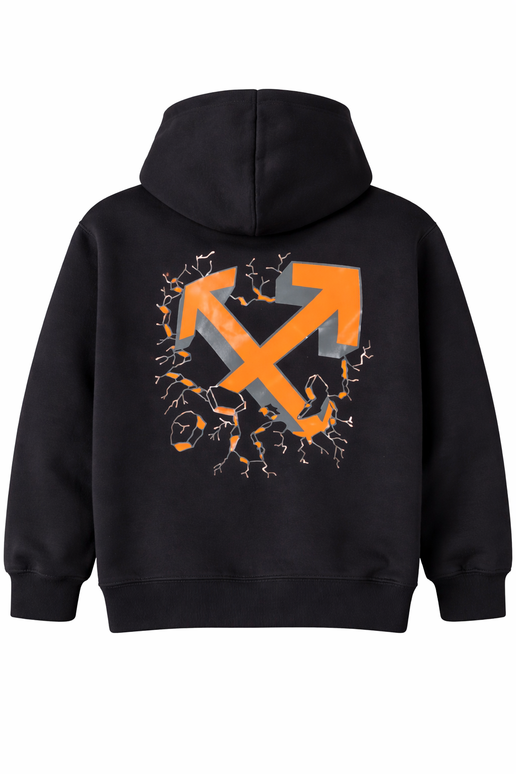 Black hoodie with broken arrow graphic print on the back, displayed on a clean background.