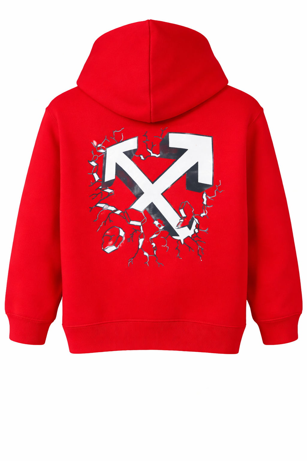 Red hoodie with broken arrow graphic print on the back, displayed on a clean background.