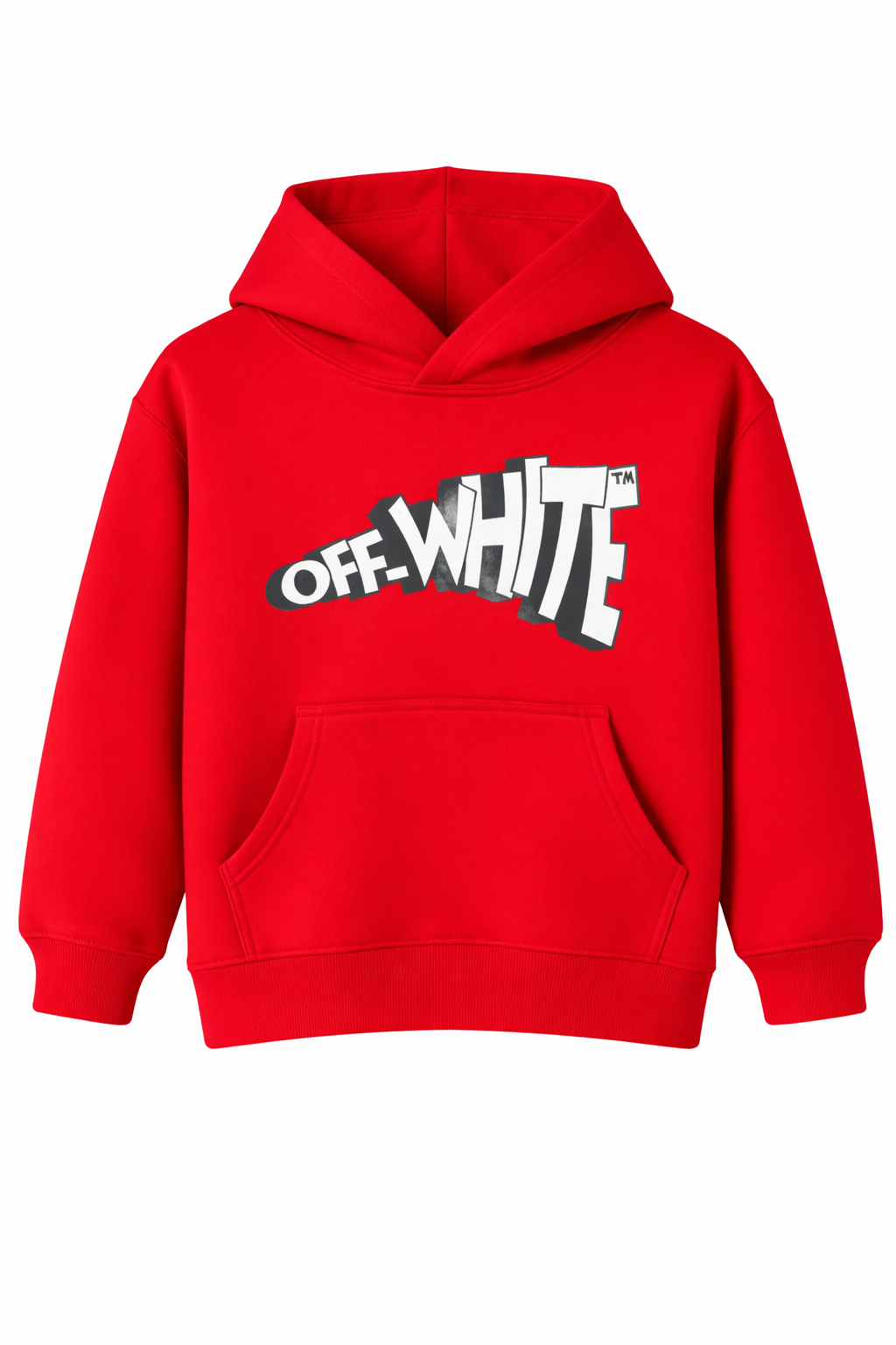 Red hoodie with broken arrow graphic print on the back, displayed on a clean background.