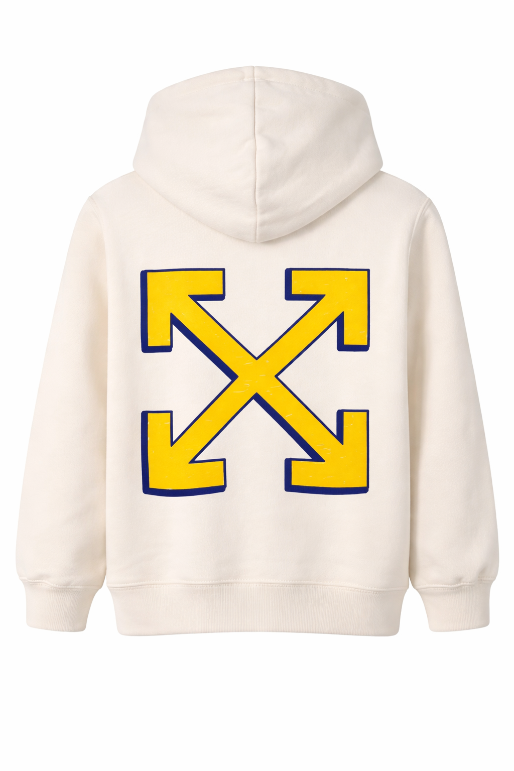 White hoodie with doodle-style graphic print on the back, displayed on a clean background.