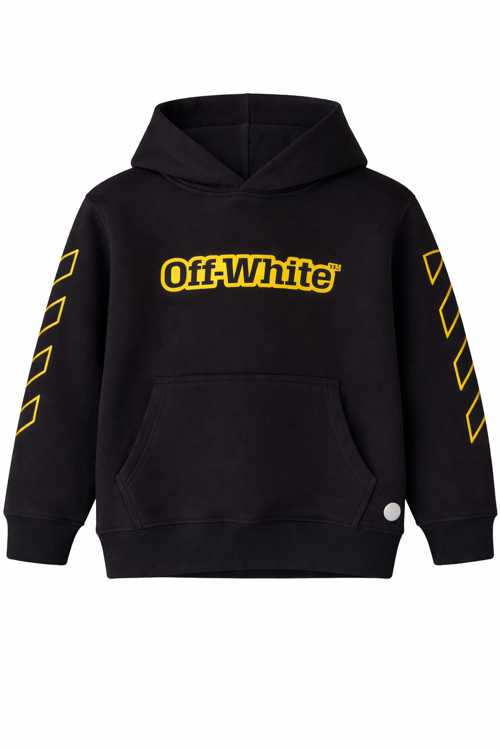 Black hoodie with puffed diagonal printed graphic design on the front, displayed on a clean background.