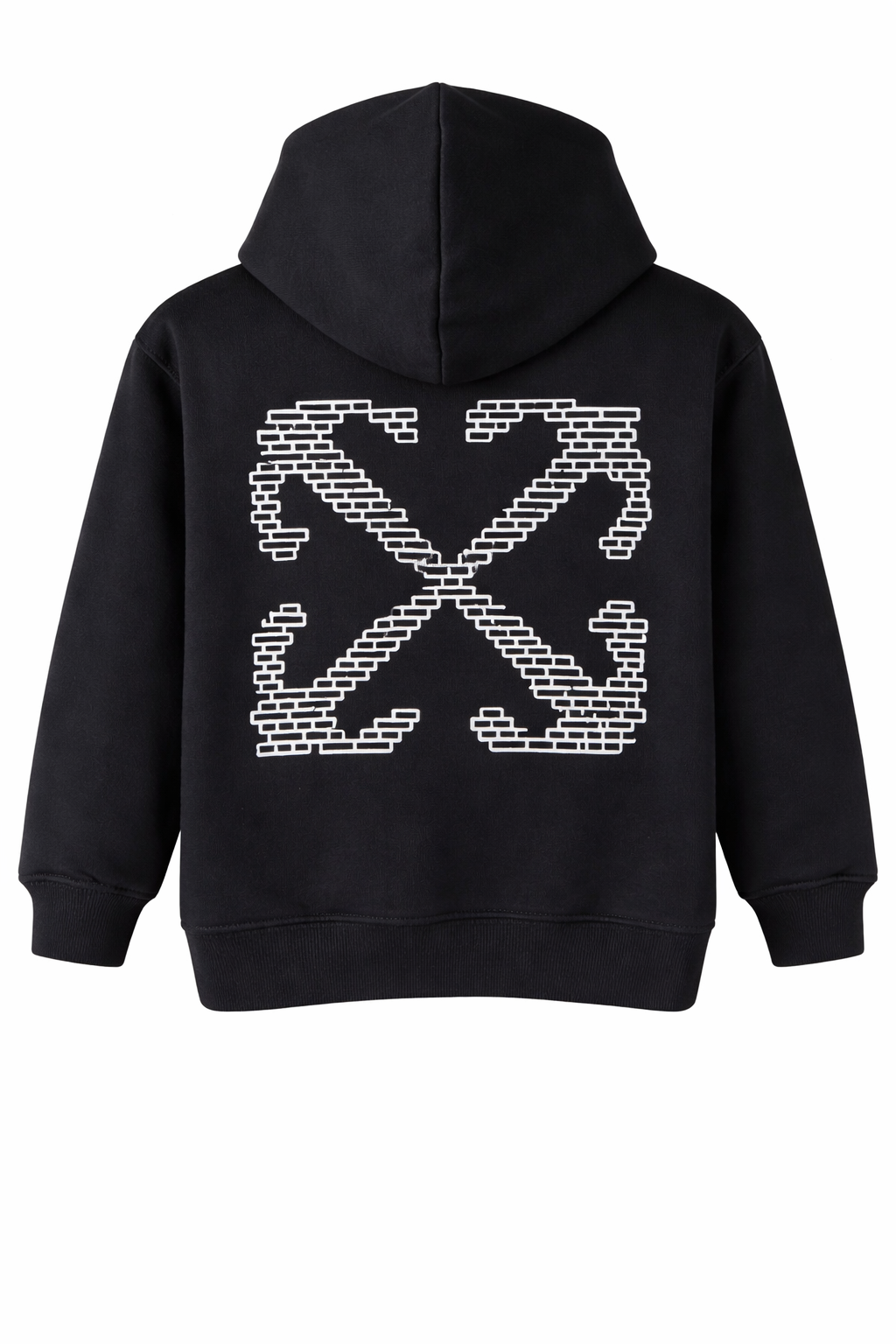 Black hoodie with brick-style arrow graphic print on the back, displayed on a clean background.