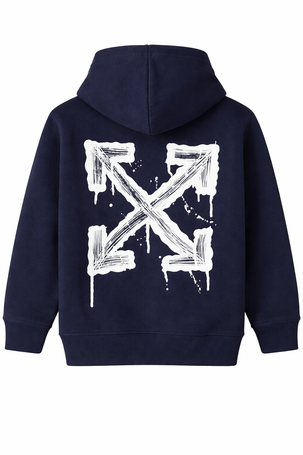 Dark navy hoodie with dripping arrow graphic print on the back, displayed on a clean background.