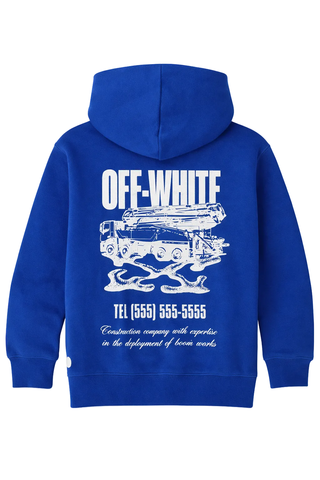 Royal blue hoodie with construction advertisement-style graphic print on the back, displayed on a clean background.