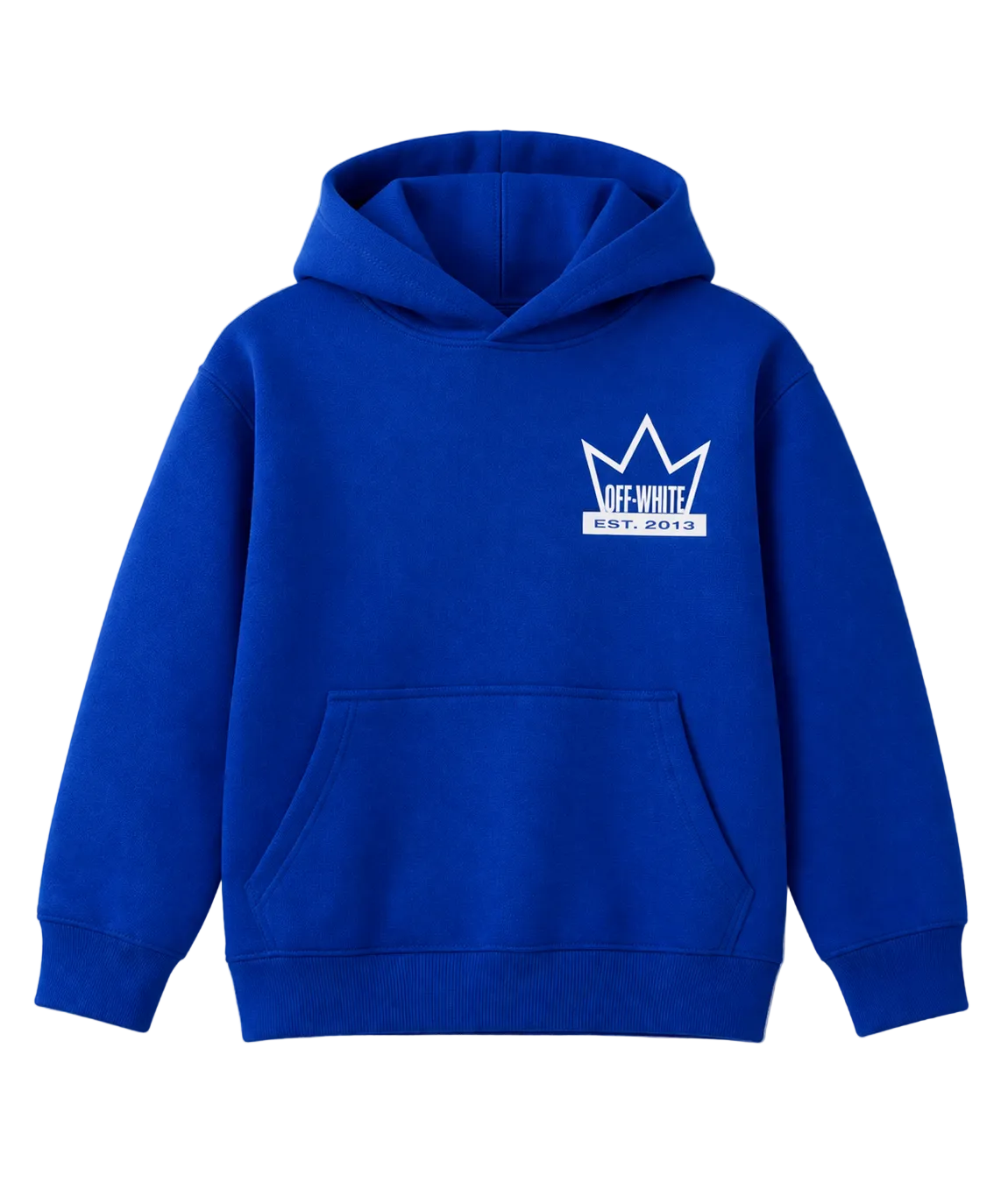 Royal blue hoodie with construction advertisement-style graphic print on the back, displayed on a clean background.