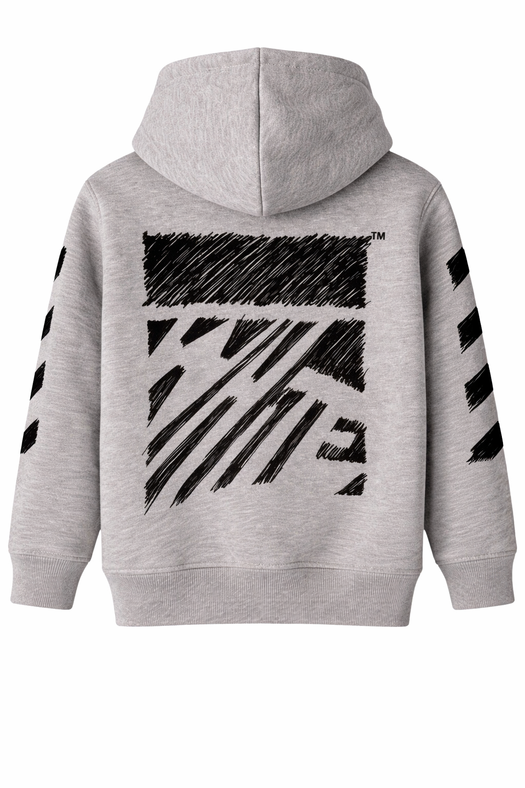 Grey hoodie with scribble-style graphic print on the back, displayed on a clean background.