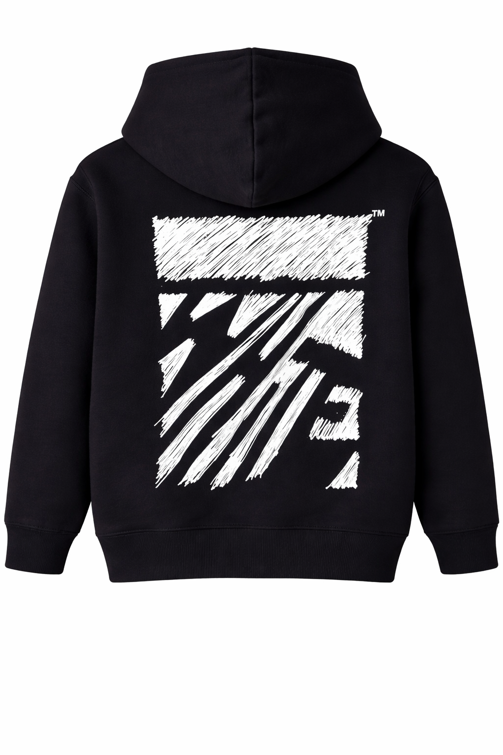 Black kids hoodie with scribble-style graphic design on the back, displayed on a clean background.