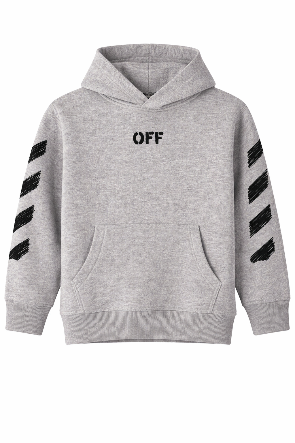 Heather grey hoodie with scribble-style graphic print on the back, displayed on a clean background.