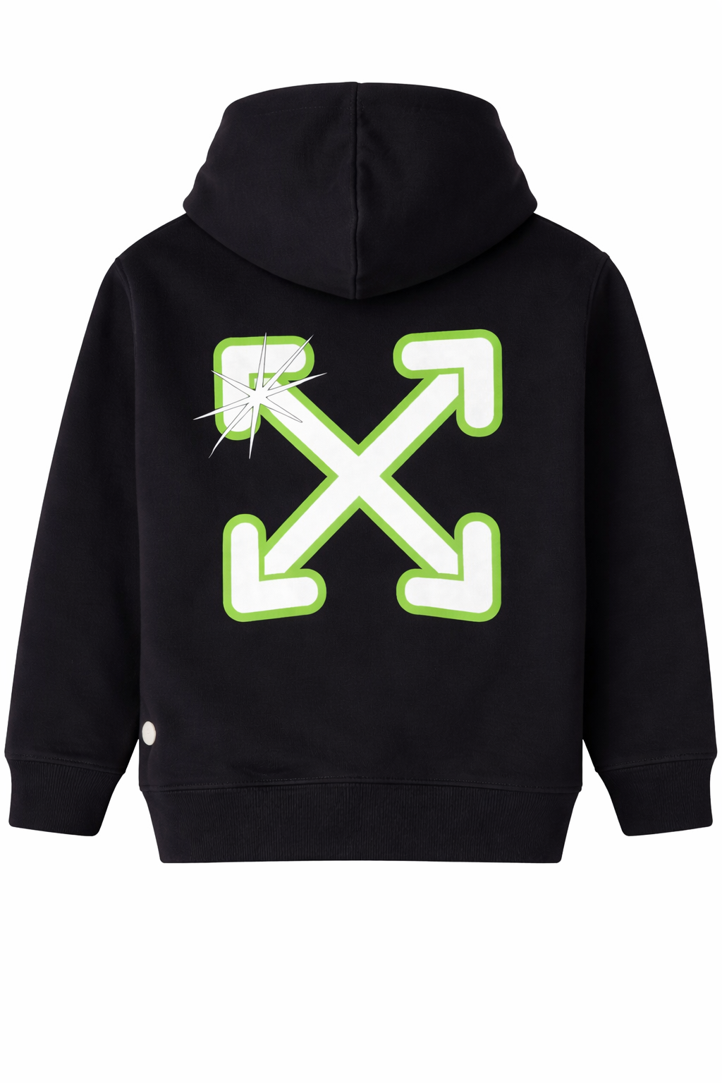 Black hoodie with glow-in-the-dark arrow graphic print on the back, displayed on a clean background.
