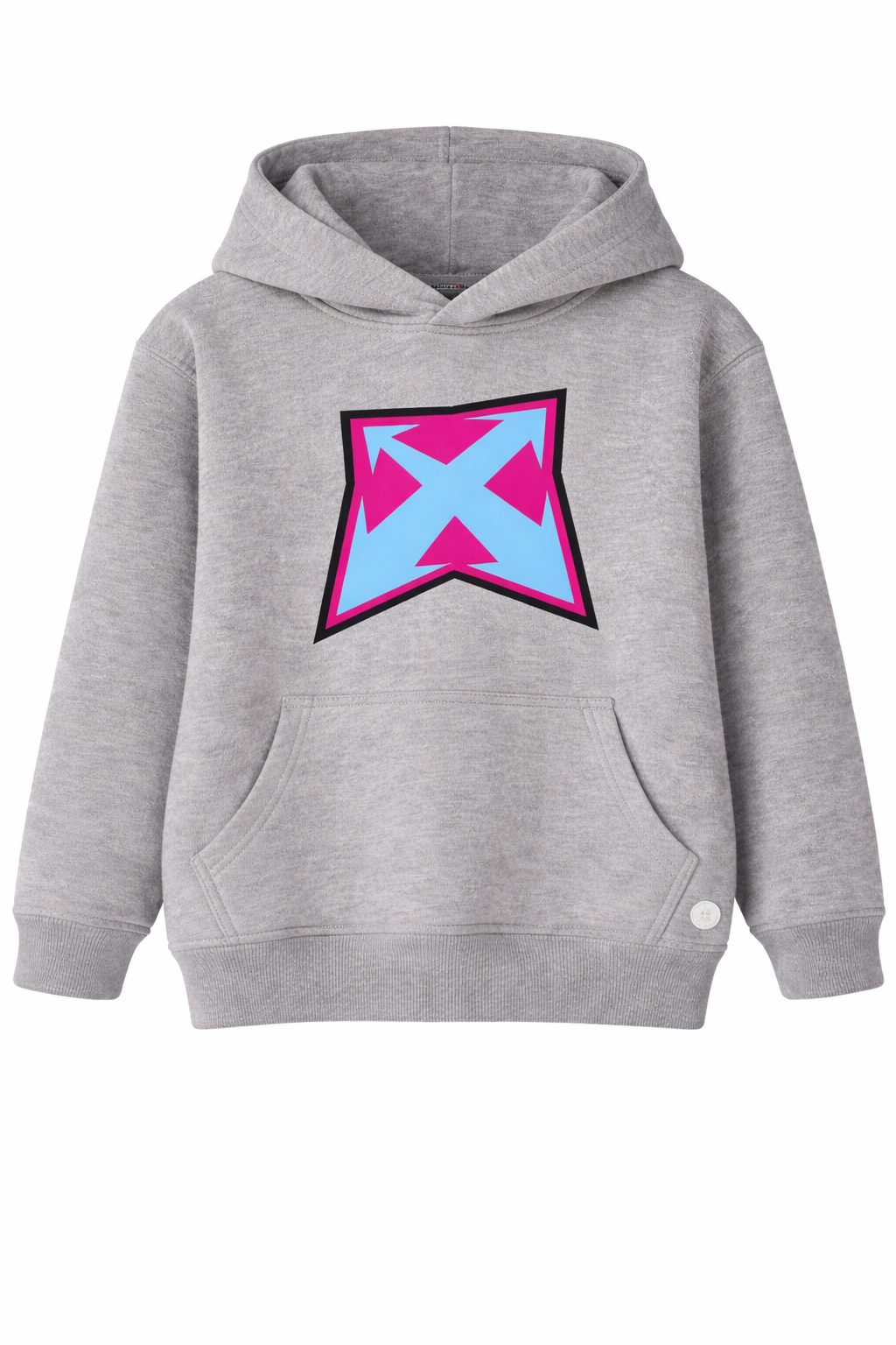 Kids grey hoodie with pointy arrow graphic design on the back, Off White style.
