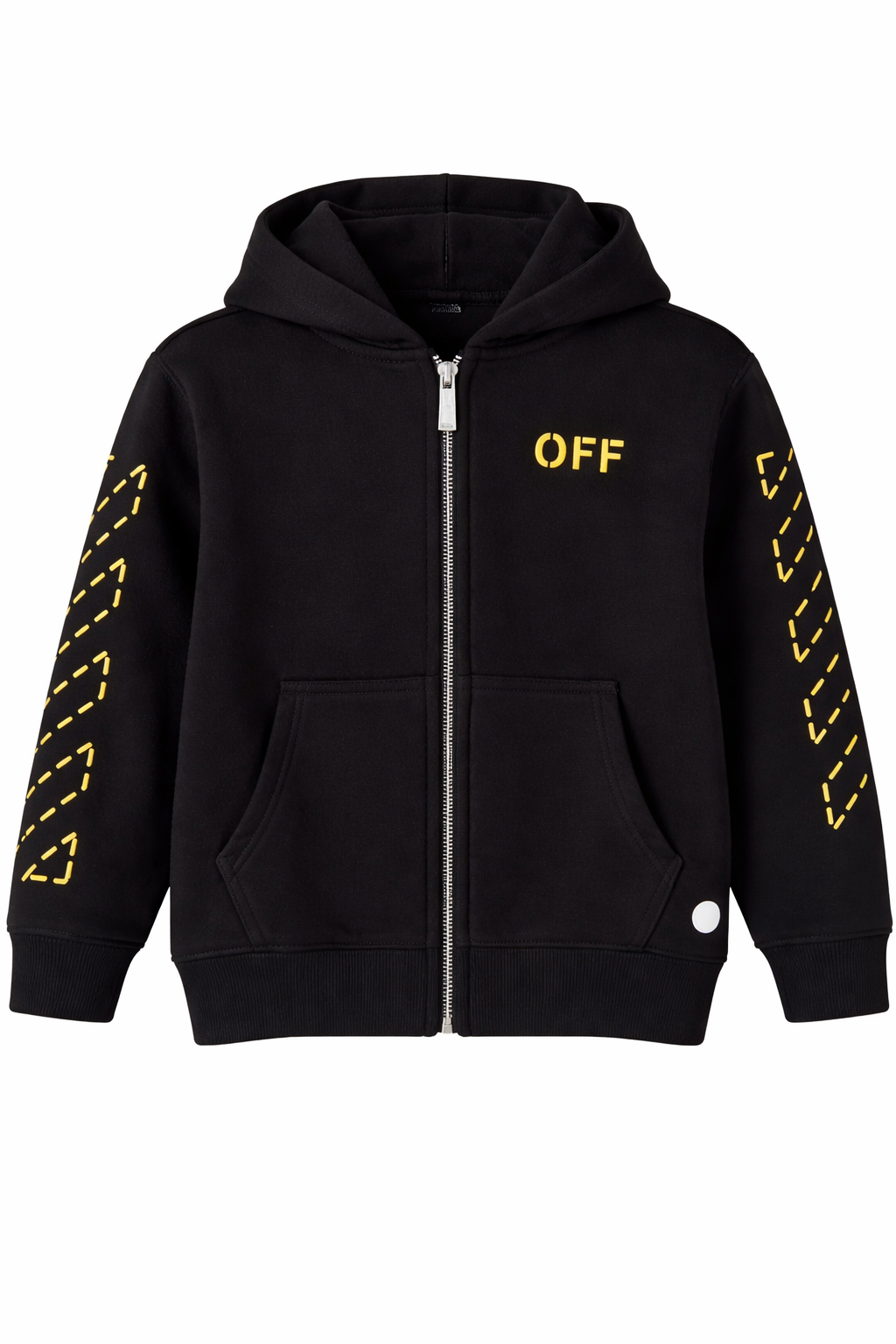 Black full zip hoodie with diagonal stitch detailing, displayed on a clean background.