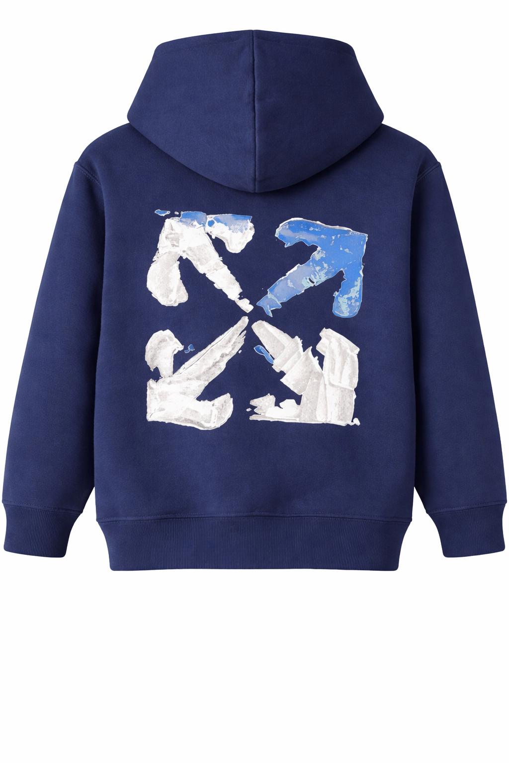 Kids marine blue hoodie with acrylic Off-White arrow graphic print on the back, basic fit design with hood