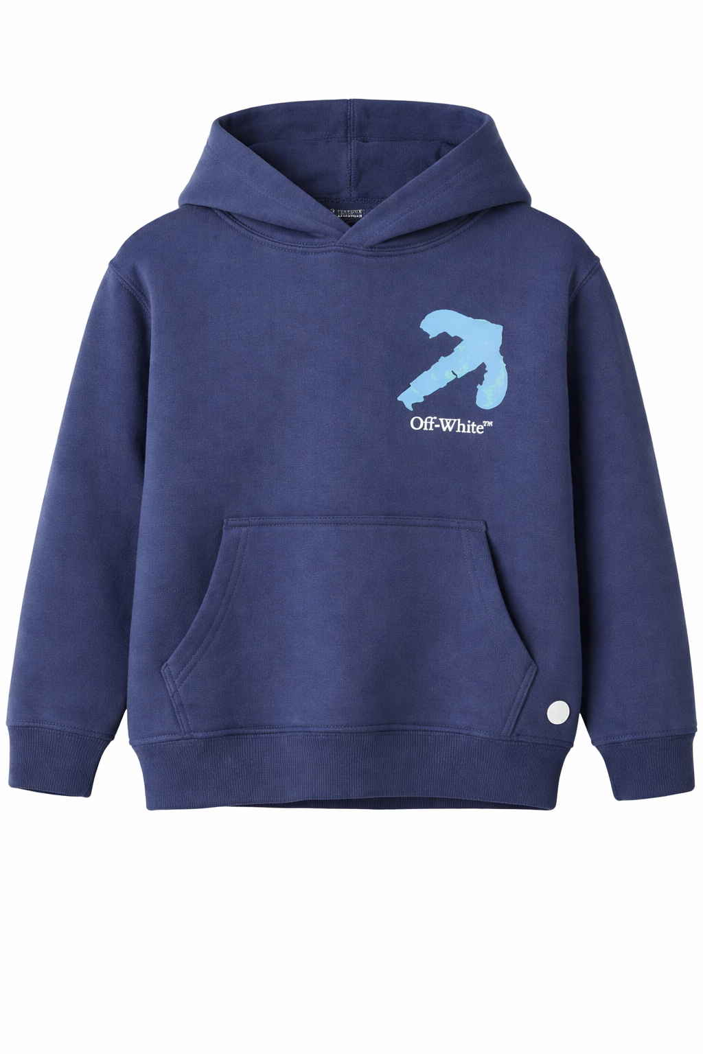 Kids marine blue hoodie with acrylic Off-White arrow graphic print on the back, basic fit design with hood