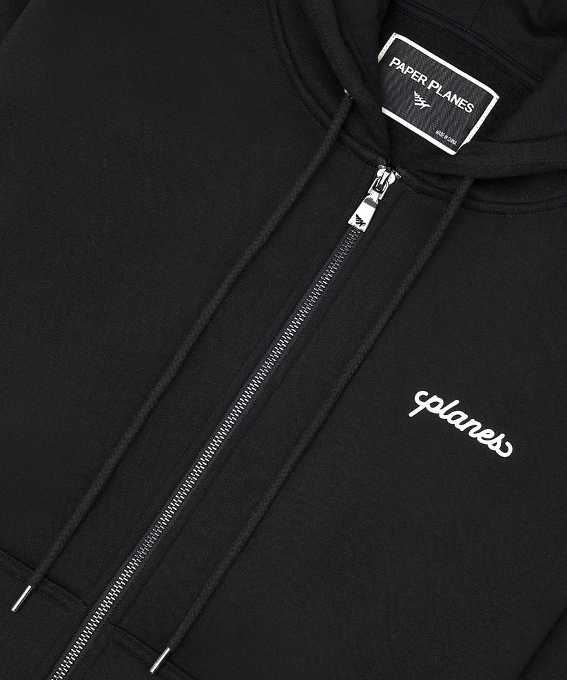 Paper Plane oversized zip hoodie with welded chest logo, kangaroo pocket, and silicone logo details.