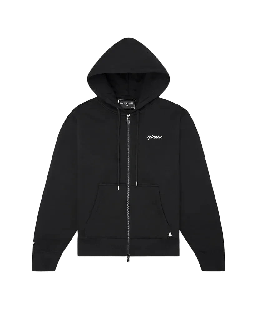 Paper Plane oversized zip hoodie with welded chest logo, kangaroo pocket, and silicone logo details.