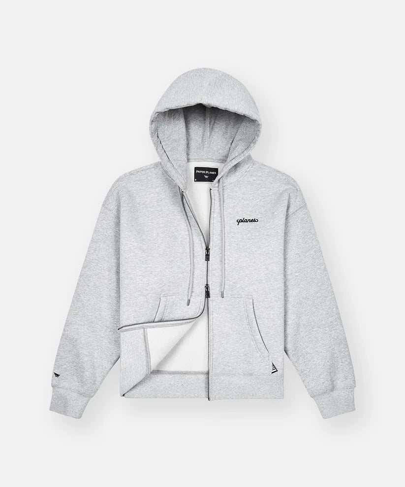 Paper Plane oversized script weld zip hoodie with fleece fabric, welded chest logo, and two-way zipper.