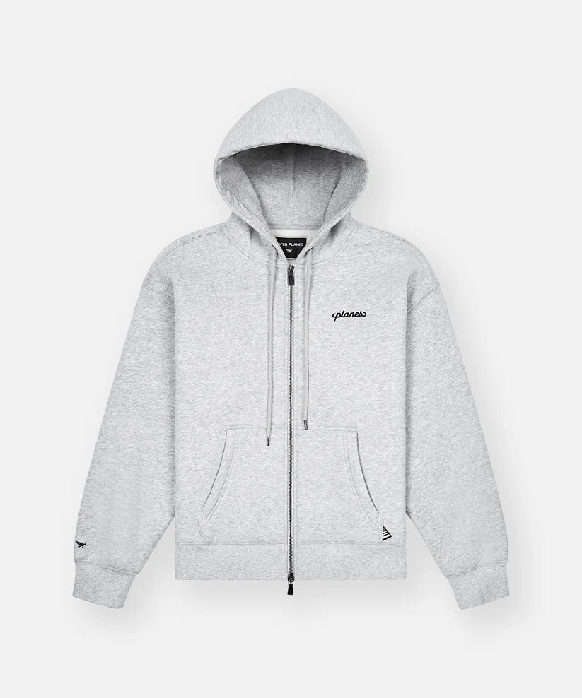 Paper Plane oversized script weld zip hoodie with fleece fabric, welded chest logo, and two-way zipper.