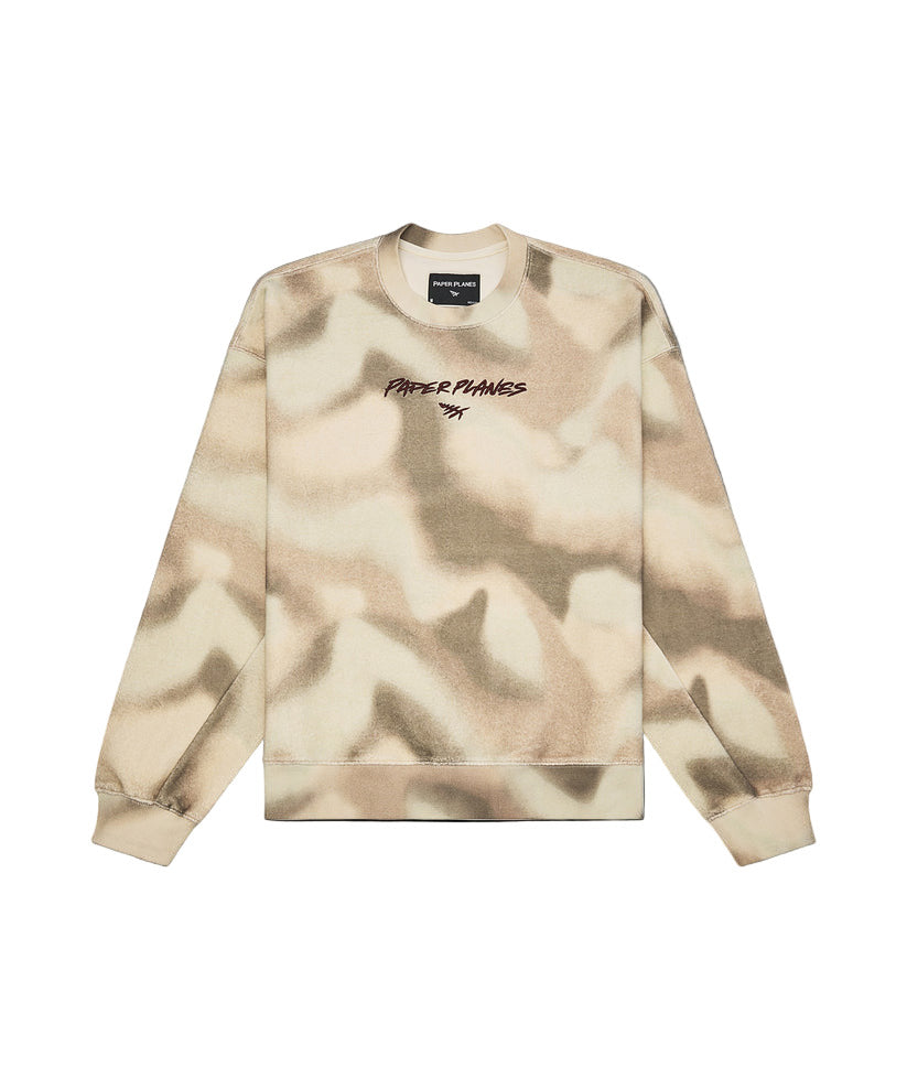 Paper Planes Airbrushed Camo Crewneck in multi-color with embroidered front detail and silicone flag, oversized fit.