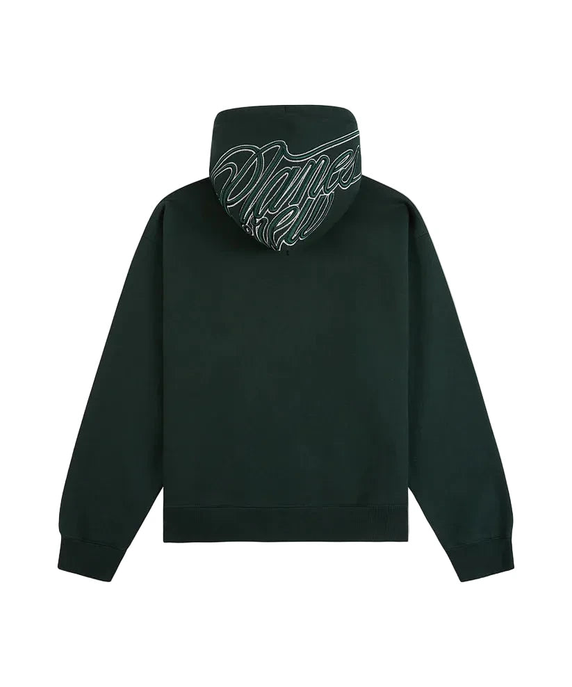 Paper Plane dark green cursive zip hoodie with 3D embroidered hood logo, two-way zipper, and relaxed fit.