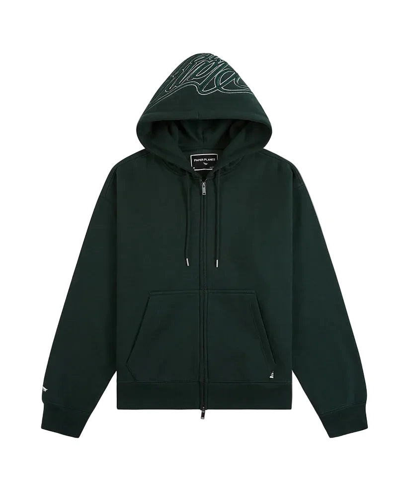 Paper Plane dark green cursive zip hoodie with 3D embroidered hood logo, two-way zipper, and relaxed fit.
