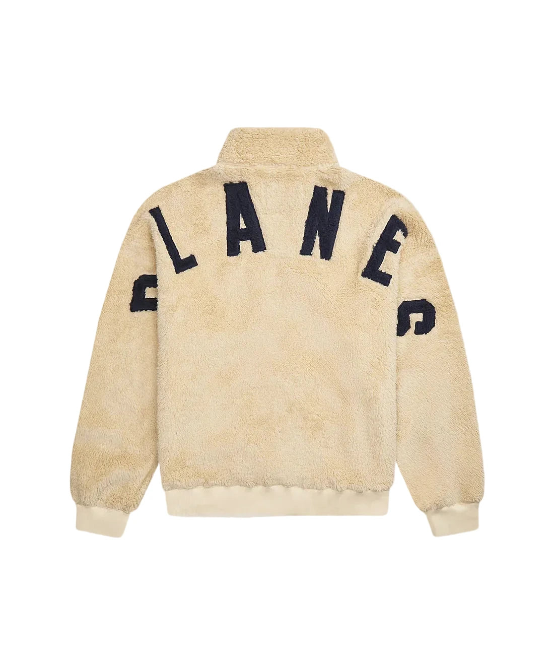 Paper Plane ecru sherpa half-zip pullover with faux sherpa letter appliqué, kangaroo pocket, and relaxed fit.