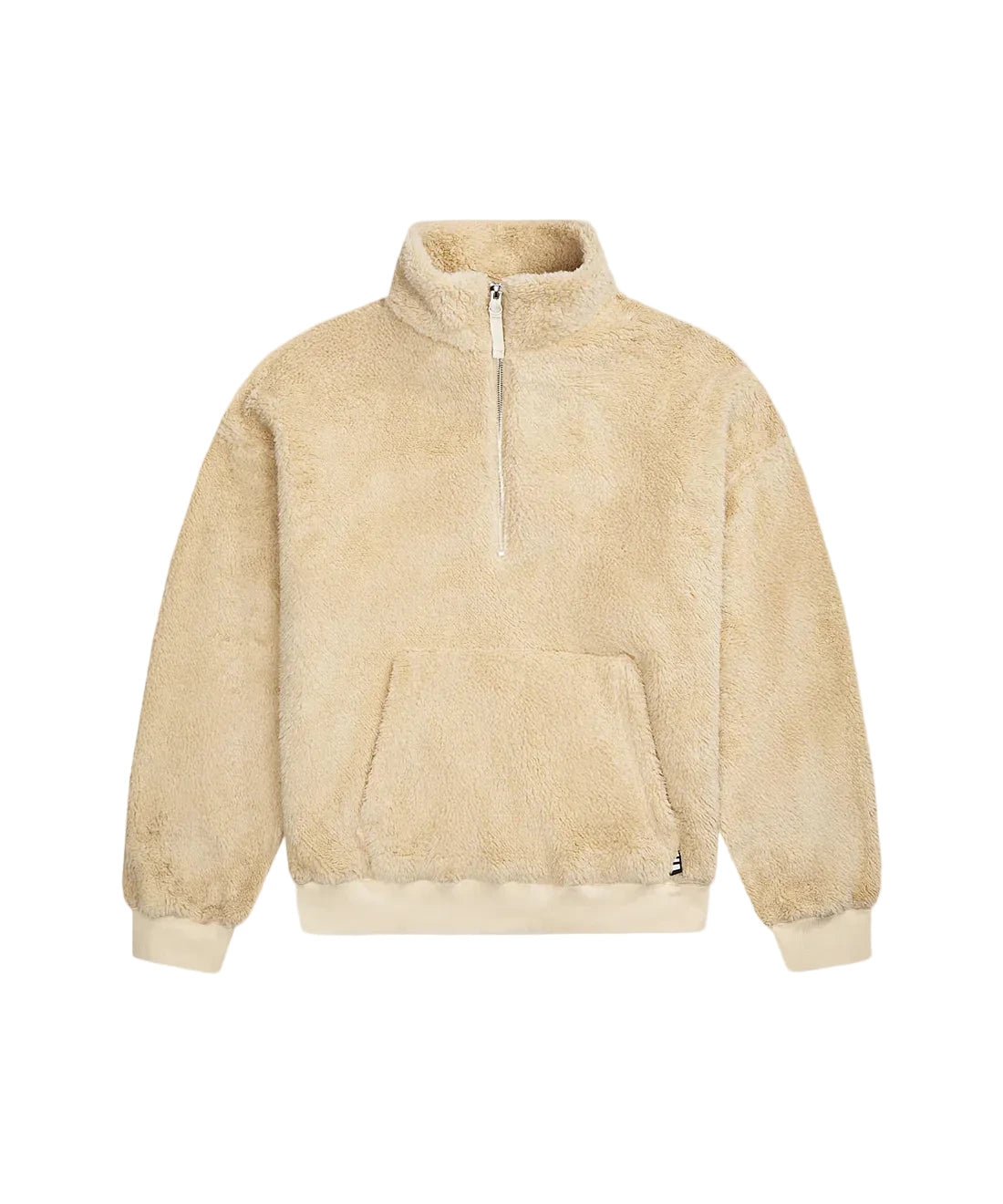 Paper Plane ecru sherpa half-zip pullover with faux sherpa letter appliqué, kangaroo pocket, and relaxed fit.