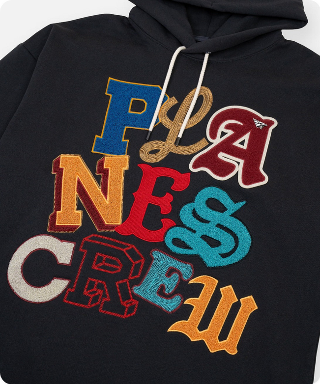 Paper Plane Planes Letterman hoodie in charcoal with embroidered front detailing and branded accents.
