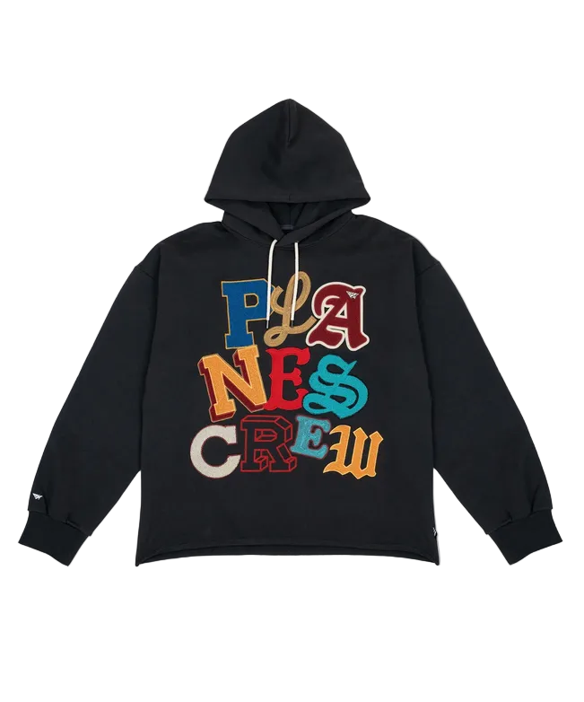 Paper Plane Planes Letterman hoodie in charcoal with embroidered front detailing and branded accents.