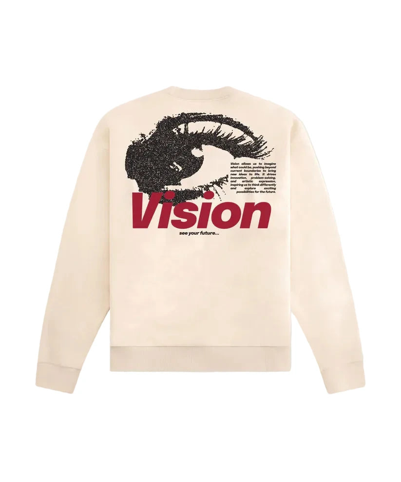 Paper Plane Planes Vision crewneck in eggshell with embroidered and screenprinted front and back artwork.
