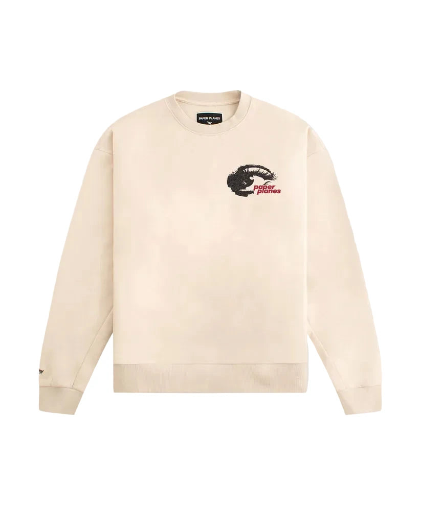 Paper Plane Planes Vision crewneck in eggshell with embroidered and screenprinted front and back artwork.