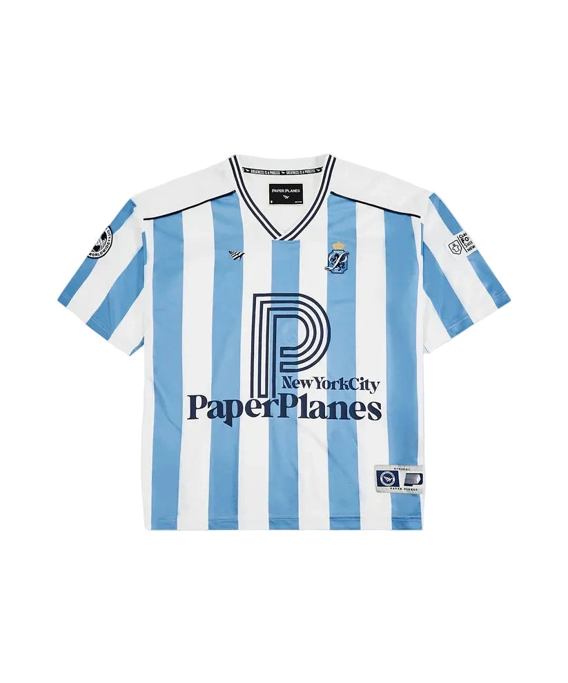 Classic Football Shirts x Paper Planes soccer jersey featuring allover stripes, embroidered details, mesh fabric, and relaxed football-inspired streetwear fit.
