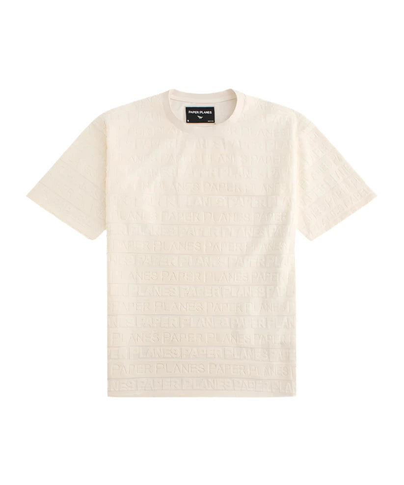 beachfront terry cloth oversized tee with allover paper planes wordmark and rib collar laid flat