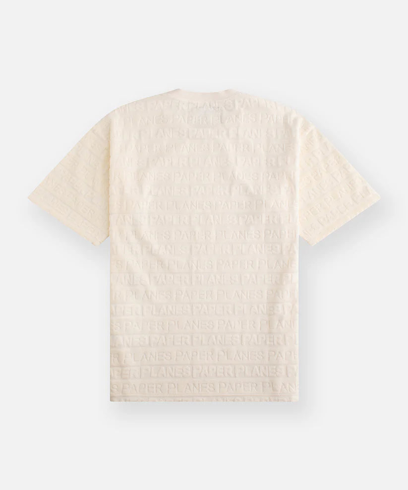 beachfront terry cloth oversized tee with allover paper planes wordmark and rib collar laid flat